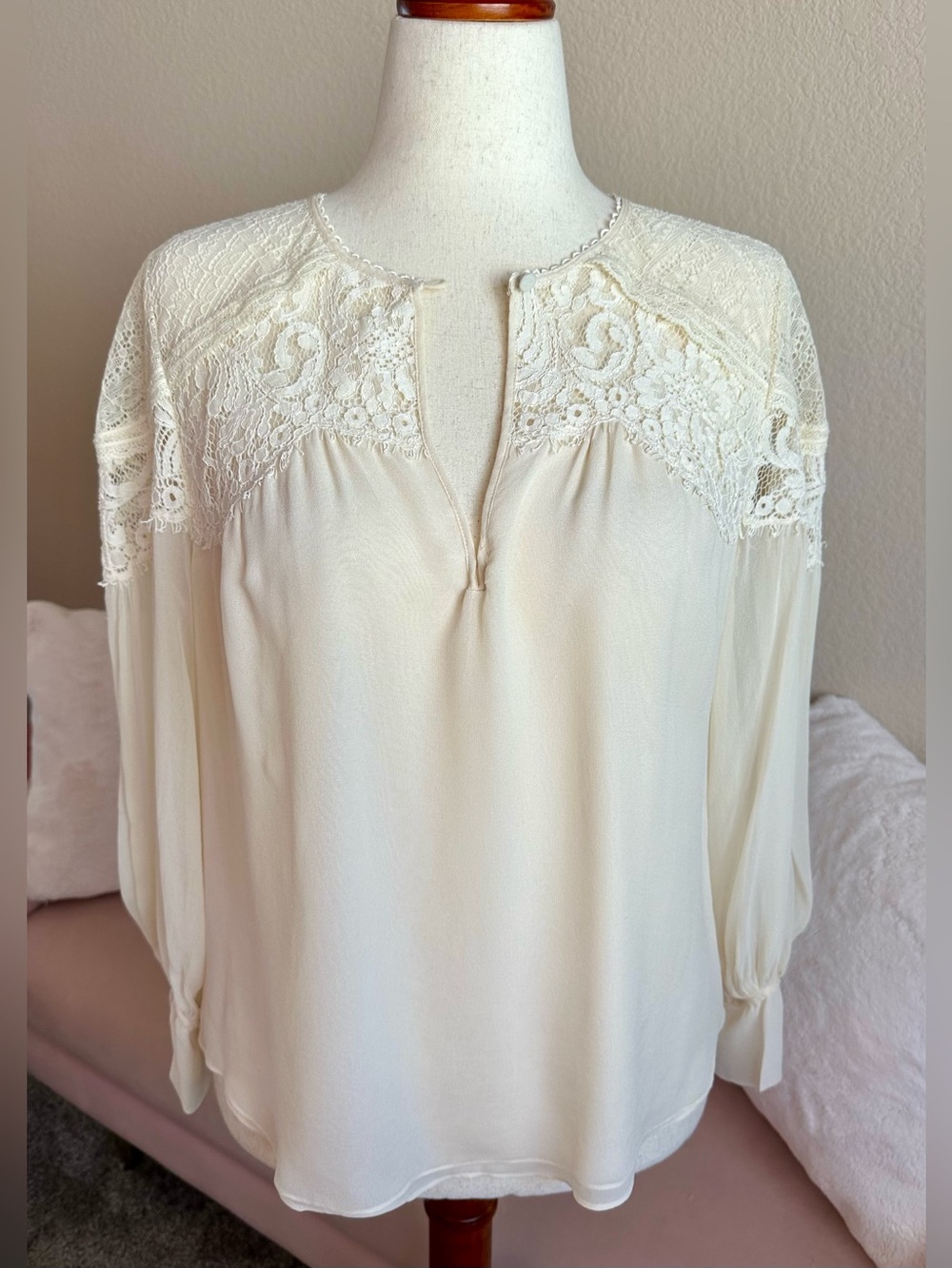 Rebecca Taylor Top Sheer Silk Chiffon Blouse Sz 10 Cream Chantilly Lace Romantic